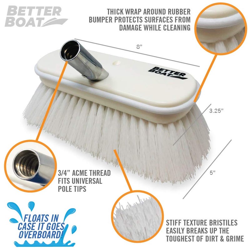Better Boat Stiff Boat Deck Brush, Heavy-Duty Marine Brush Head, 8" Firm Bristle with Bumper, 3/4" Thread Handle, for RV, Truck, and Auto Cleaning - Image 2